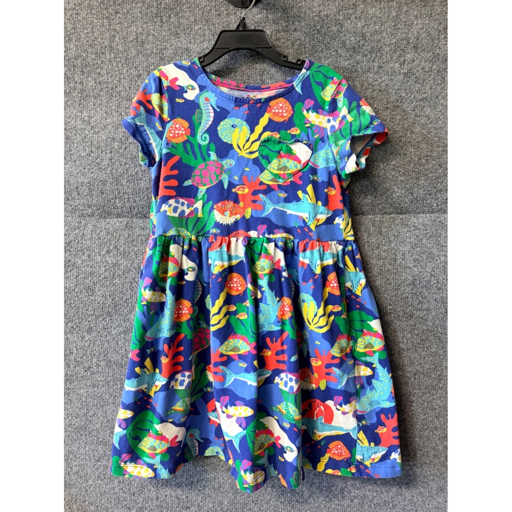 Mini Boden Girls Blue Sea Life Shark Turtle Heart Pocket Jersey Dress Size 8-9Y